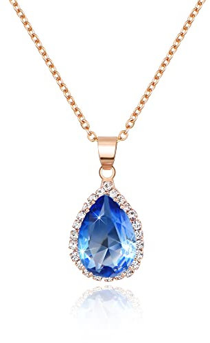 Linawe Blue Crystal Aquamarine Necklace for Women Trendy, Rose Gold Chain Moonstone Imitation Diamond Pendant Necklace, Statement Iridescent Aurora Borealis Teardrop Necklace Set