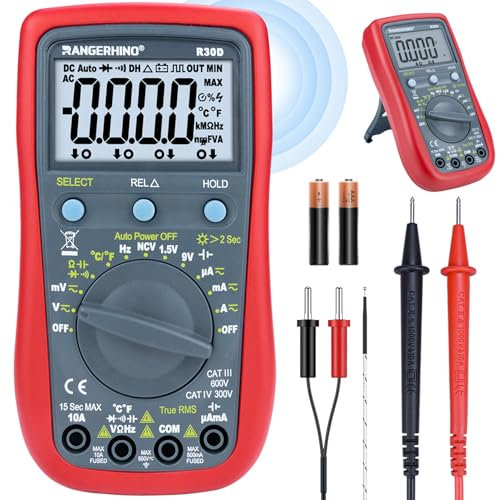 RANGERHINO Digital Multimeter mit LCD-Buchsen, Strommessgerät True RMS Auto-Range 6000 Count, misst Spannung,Kapazität, Temperatur, Widerstand für Elektriker R30D