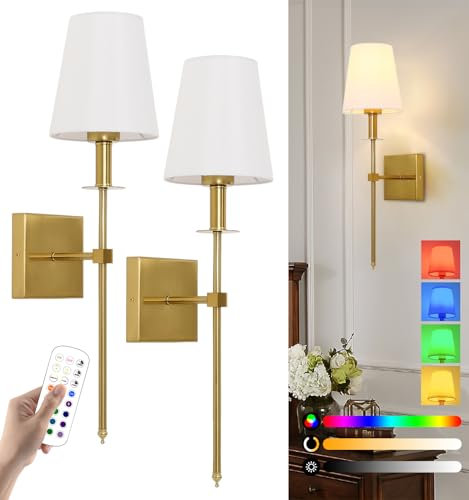 Battery Operated Wall Lights Set of 2, USB Rechargeable Wall Lights with Remote Control, Dimmable 18 Colors Wall Lamp Indoor, Non Hardwired Wireless Wall Sconces for Bedroom Living Room Hallway, Gold