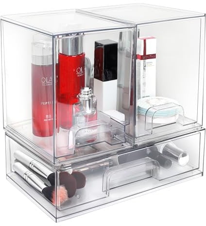 Grandes cajones apilables de almacenamiento organizadores de maquillaje de plástico transparente con cajón extraíble para debajo del fregadero, despensa, baño, cocina y oficina.