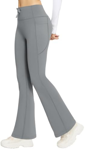 baleaf Termiska utsvängda damleggings fleecefodrade yogabyxor med 4 fickor dragsko hög midja bootcut byxor, Mörkgrått, XS
