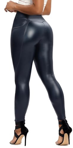 RIOJOY High Waist Leather Leggings Wet Look Faux Leather Trousers Butt Push Up Sexy Tights Navy Blue S