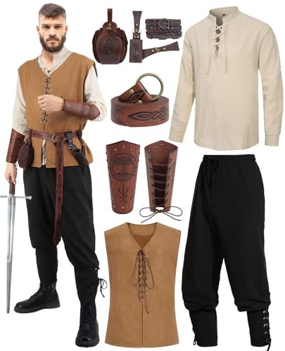 Renaissance Kostüm Herren Mittelalter Kostüm Männer Mittelalter Kleidung Wikinger Viking Kostüm Set Viktorian Hemd Hose Weste Piraten Schnürhemd Halloween Fasching Costume Erwachsener C052-3XL