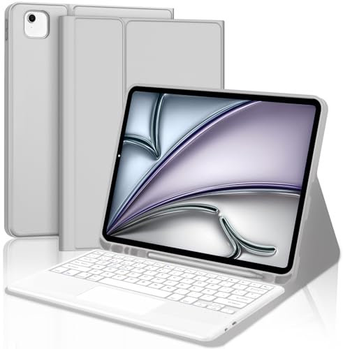 IVEOPPE Teclado iPad Air 13 Pulgadas (M3 2025/M2 2024) con Touchpad, Funda Cover Teclado Trackpad Español Ñ Bluetooth Desmontable para iPad Air 13 2024/2025, Gris Claro