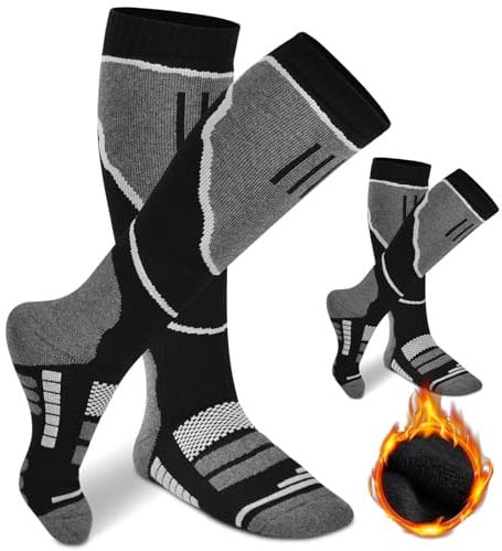 flintronic 2 Pares Calcetines Esqui, Calcetines Altos De Compresión, Snowboard Calcetine Termicos Frio Extremo Gruesos, Hasta La Rodilla, Para Hombre, Mujeres Y Jóvenes (39-44)