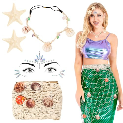 BOOMTOP 5 Stück Meerjungfrau Kostüm Damen Mädchen Meerjungfrauen Haarschmuck Stirnband Seestern Haarspangen Muschel Fischernetz Maritim Deko Gesicht Glitzersteine Karneval Fasching Kostüm Zubehör