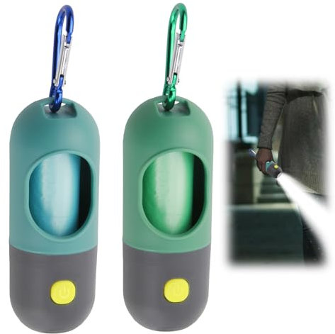 2Pcs Dog Poop Bag Dispenser with LED Flashlight, Pet Waste Bags Holder with Safety Carabiner Clip For Leash, Each Pet Poop Pickup Bag Holder Dispenser with 15Pcs Doggy Waste Bags