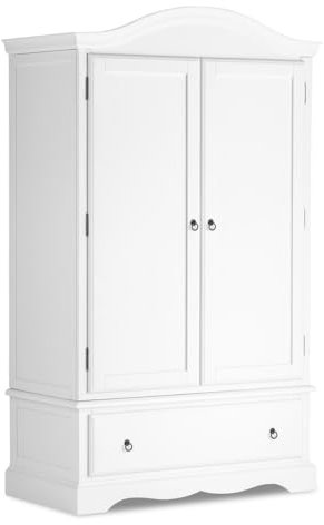 Romántico armario doble con cajón profundo y barra para colgar, 2 puertas, color blanco auténtico (06 TW)