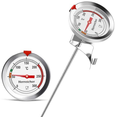 Herreicher Termómetro de fritura para barbacoa, termómetro de cocina profesional, 300 °C, fácil de leer, analógico, de acero inoxidable, con práctico clip, 23 cm, sonda larga, termómetro de cocina
