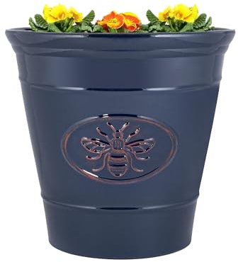 Outdoor Classic Bee Planter | Ceramic Look Round Plastic Flower Pot Glossy Finish | Frost & UV Resistant Traditional Garden Plant Pot | 30 & 40cm | Blue, Brown, Honey (Blue, 40cm - Single)