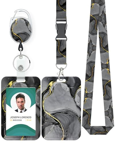 Uniclife Porte Badge Coulissant Gris Noirâtre Marbré en Plastique avec Enrouleur Badge Rétractable Mousqueton Lanière Détachable Porte Carte Navigo Vertical Gaufré Travailleur Infirmier Étudiants