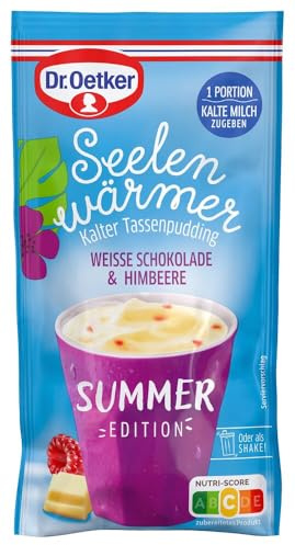 Dr. Oetker Seelenwärmer kalter Tassenpudding Weiße Schokolade & Himbeere, 12er Pack, (12 x 42 g) Pudding-Pulver für die schnelle Zubereitung einer kühlen Pudding-Nachspeise