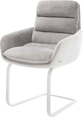 Schwingstuhl Abelia-Flex mit Armlehnen Freischwinger flach Weiß Materialmix Echtleder Weiß-Silbergrau