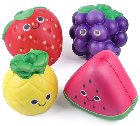 Anboor Frucht Squishies Spielzeug Set - 4 Stück Kawaii Erdbeere Melone Ananas Traube Slow Rising Quetschspielzeug Stressabbau