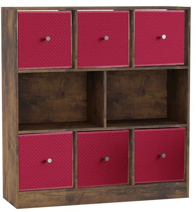 URBNLIVING 8 Cube Asymmetrical Bookcase with 6 Fabric Storage Drawers, Modern Freestanding Shelving Unit for Books, Toys & Decor, Engineered Wood Organizer Cabinet for Home & Office
