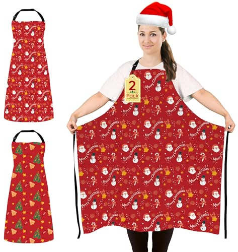2 Pezzi Grembiuli Natalizi Divertenti Taglia Grossa per Uomo e Donna | Grembiule da Cucina Regolabile con Lacci Lunghi, Impermeabile e Natalizio, Idee Regalo per Cuoco, Feste di Natale e Festività