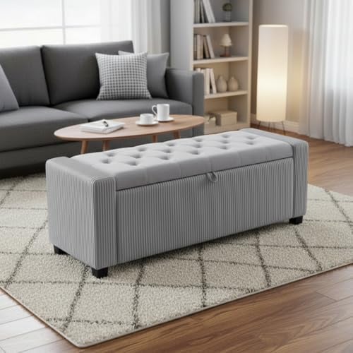AllE quip Sitzbank mit Stauraum, Aufbewahrungsbox mit Deckel, Klappsitz, 109 x 40 x 40 cm, gefaltetes Tuch, für Wohnzimmer, Flur, Schlafzimmer, hellgrau (gefaltetes Tuch hellgrau)