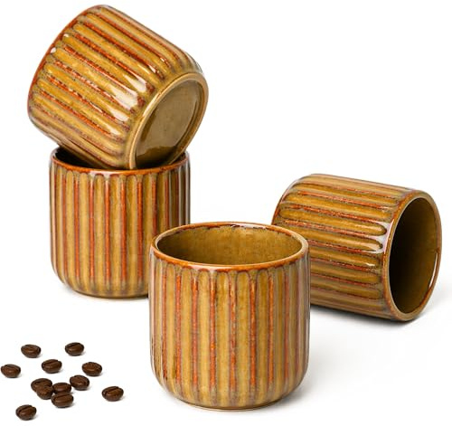 Erkundpresso. Kaffeebecher ohne Henkel 4er Set 180ml | Tasse ohne Henkel Keramik Dickwandig | Steingut Kaffeetassen Handgefertigt | Lungo, Cappuccino & Espresso Tassen | Spülmaschinenfest (Braun)