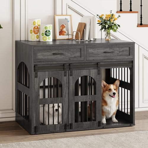 IRONCK Hundekäfig Möbel Hundebox für Zuhause mit 2 Schublade Türen Trennwand, Hundebox Holz Indoor für 2 kleine/mittlere/1 große Hunde, Beistelltisch mit Scheunentür, 106x68x88cm (Grau)