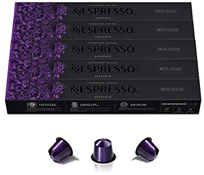 Nespresso Original Coffee Pods - 50 Inspiranzione Arpeggio Capsules for Nespresso Machines. Make Espressos, Cappuccino and Macchiato at home. A short dark roast, intensity 9 coffee. Recyclable Pods