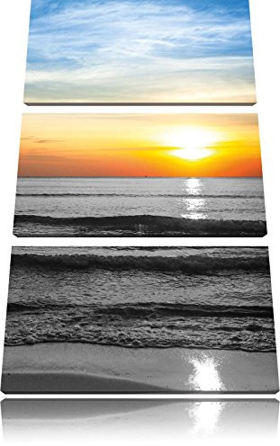 Pixxprint Malibu Beach Sunrise Water Sand, Leinwandbild 3 Teilig, Gesamtmaß: 120x80cm, Wandbild, Dekoration, fertig gespannt, Kein Poster