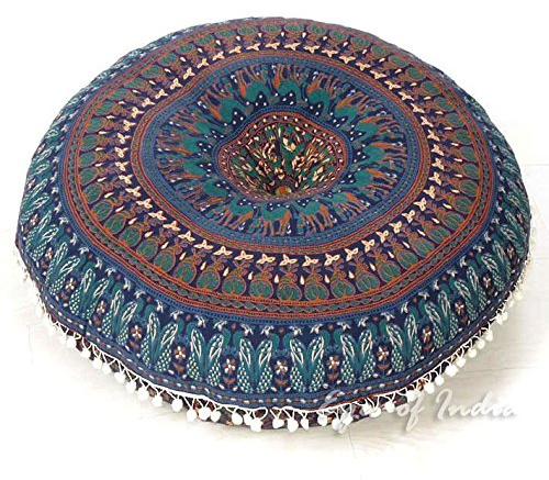 EYES OF INDIA - 32 Blue Bohemian Accent Indian Floor Pillow Cover Boho Chic Dog Bed Round Colorful Decorative Mandala Hippie Meditation Cushion Seating Sofa Throw Handmade Cover ONLY