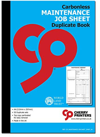 Cherry Carbonless Maintenance Job Sheet Duplicate Book A4 | 2 Part | 50 Sets | Perforated Top Copy | No Carbon Required | Work Order & Repair Record | Ideal for Engineers, Technicians & Contractors