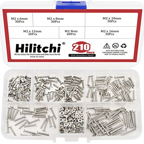 Hilitchi 210-piece métrique M2 Douille hexagonale à tête plate fraisée Boulons Vis Écrou Assortiment kit – en acier inoxydable 304 (M2)