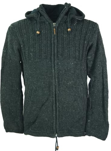 GURU SHOP Kuschelige gefütterte Strickjacke aus Schafwolle, Unisex | Fleece gefüttert, abnehmbare Kapuze, geräumige Taschen, fair gehandelt in Nepal