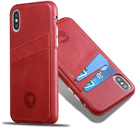 LUCKYCOIN Genuine Leather Case with Card Holder for iPhone XS Max 6.5in,Wallet Case with Metal Buttons,Red