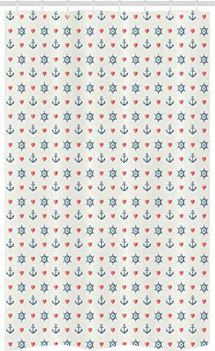 ABAKUHAUS Anker Schmaler Duschvorhang, Maritime Rote Herzen Muster, Badezimmer Deko Set aus Stoff mit Haken, 120 x 180 cm, Weiß Blau Rot