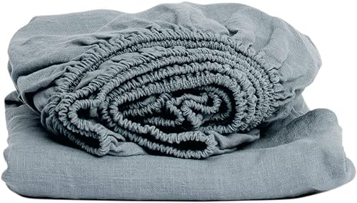 My Linen Home Spannbettlaken aus 100% Stonewashed Leinen Grau Blau, 180x200cm I Kontinuierlich elastischer Saum I Temperaturregulierend und Atmungsaktiv I Sanft, weich selbst zur empfindlichsten Haut