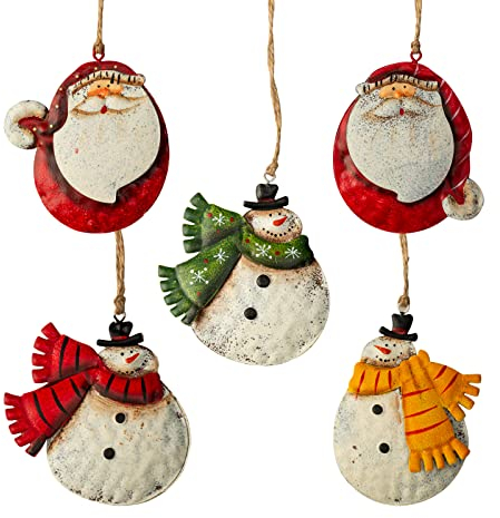 Crafjie 5 Stück rustikale Metall doppelseitige Weihnachtsbaumschmuck Zinn Weihnachtsmann Schneemann Dekorationen Hängende Anhänger Ornamente Weihnachten Hängende Ornament Xmas Holiday Decor