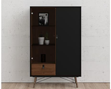 Vente-unique Fureso Vitrine – 2 Türen & 1 Schublade – Farbe: Walnuss & Anthrazit