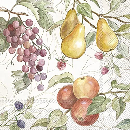 IHR Ideal Home Range - Servietten Herbstmotiv COUNTRY FRUITS Äpfel Weintrauben Birnen Herbstlaub cream 20 St. Lunchservietten 33 cm x 33 cm