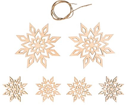 Rayher Holzdekoration Schneeflocken, 6 Stück, Weihnachtsdekoration, Holz FSC zertifiziert, natur, 5 - 9 cm + Kordel 0,5 m, 46622505