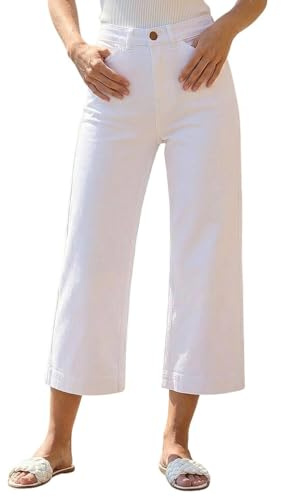 Roman Originials Denim Culottes for Women UK Ladies Cotton Cropped Trouser Wide Leg Jean Stretch Pants Capri 3/4 Length Three Quarter Summer Loose Casual Spring - White - Size 20