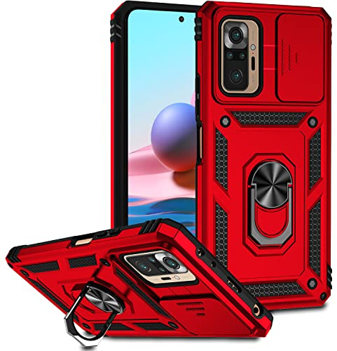 JIYUDZ Funda para Xiaomi Redmi Note 10 Pro/Note 10 Pro MAX Carcasă Armor Militar Cubierta de Cámara Deslizante Proteger Fundas con 360 Full Protección Anillo Soporte Silicona Estuche Cover Case,Rojo