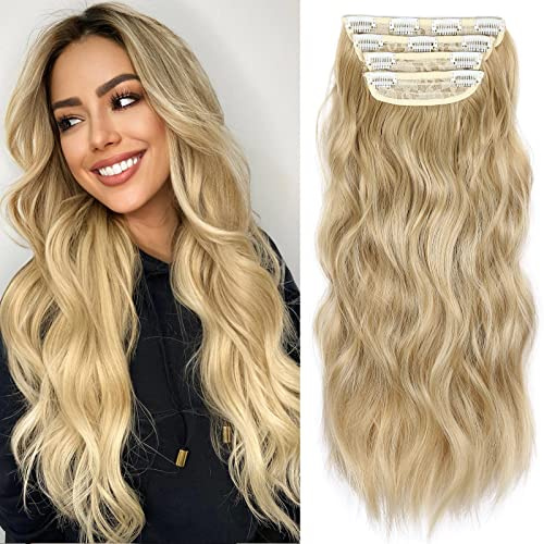 4PCS Clip in Hair Extension, 20 Inches Long Curly Hair Extensions Clip in, Synthetic Clip on Hair Extensions, Soft Wavy Brown Hair Extensions (22TH613#)
