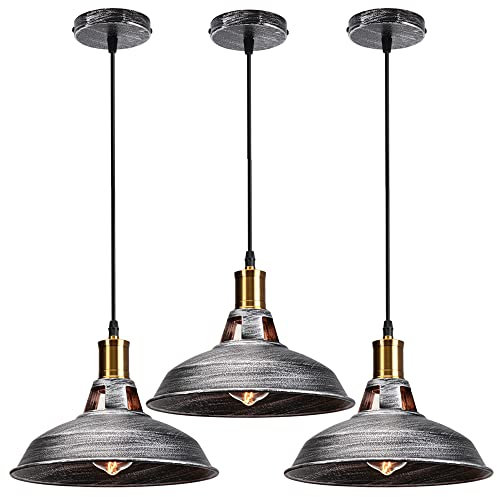 STOEX 3PCS Suspension Luminaire Vintage Métal 27cm, Lustre Plafonnier Industriel Lampes LED E27 Corde Ajustable pour Salon Cuisine Restaurant Salle à manger Chambre (Argenté)