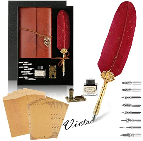 Victse Kalligraphie-Stifte, Vintage, Kalligraphie-Feder, Retro-Schreibfeder, Siegel Dip Pen mit 8 Ersatzspitzen, 5 Set Umschläge (Rot)