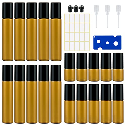 20 Stück Roll On Glasflaschen für ätherisches öl 3ml/5ml/10ml, Mini Amber Rollon Flaschen Leer mit Öffner, Etiketten und Pipetten, Probe Glasflaschen für Aroma Öle Gemische, Duftstoff, Parfüm, Massage