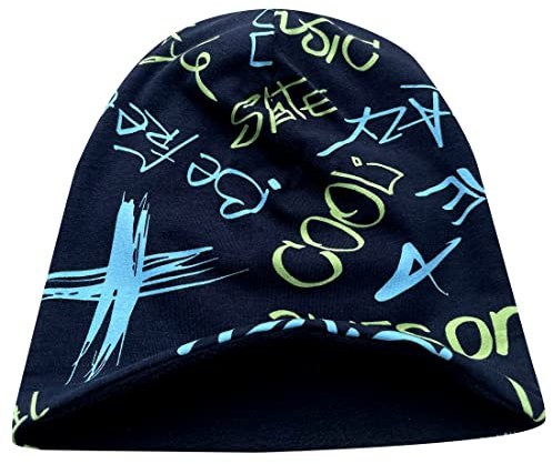 Wollhuhn Öko Warme Kuschelige Winter Jungen/Mädchen Winter Long Beanie Mit Fleecefutter Versch. Motive (aus Öko-Stoffen, Bio) 20220666 (Cool Music Schwarz/Blau/Grün, L)