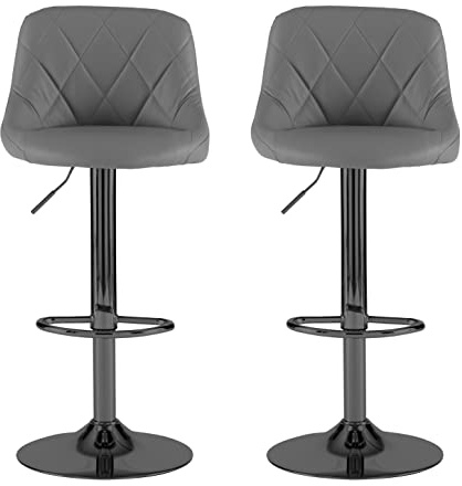 Neo 2X Madrid Faux Leather Matt Black Leg Gas Lift Swivel Kitchen Adjustable Breakfast Bar Stools Barstools Chairs (Dark Grey)