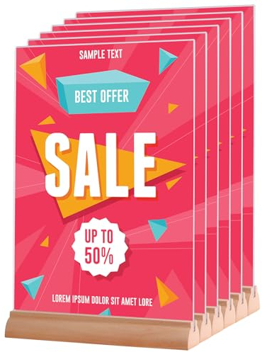 HUAYANG Lot de 6 présentoirs A5 en bois de hêtre acrylique transparent double face pour menu, magasin, bureau, documents, hôtel