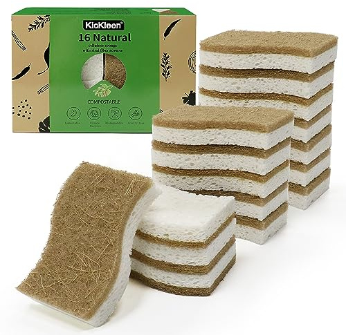 16 Pack Biodegradable Natural Kitchen Sponge - Compostable Cellulose and Coconut Walnut Scrubber Sponge - Eco Friendly Sustainable Sponges for Dishes