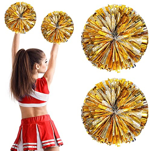2 Stück Cheerleading Pompoms, Metallisch Cheerleading Pompons zum Kinder, Cheerleader Pompons Handblumen Sport Squad Cheer Accessories Spirit Cheering Pom für Spiele Sport Wettbewerb (Gold & Silber)