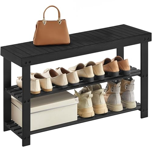 SONGMICS Shoe Rack Bench, 3-Tier Bamboo Shoe Storage Organizer, Entryway Bench, Holds Up to 286 lb, 11.3 x 35.4 x 17.8 Inches, for Entryway Bathroom Bedroom, Ink Black ULBS90B33