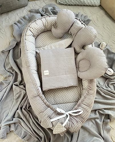 WAFFELPIQUE Grau/Mini PUNKTE Bio-Baumwolle Babynest Neugeborene Baby Unterlage Reisebett Nestchen SOLO/o. in PREMIUM Ausstattung SETS (Nestchen + DECKE (80x100cm) + MATRATZE + 2xKissen)