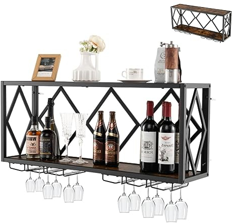 TANGZON Wall Mounted Wine Rack, 2-Tier Floating Wine Display Shelf with Glass Holder, Metal Frame Bottle Storage Organizer for Home Bar Kitchen Dining Living Room, Rustic Brown